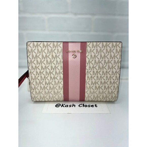 Michael Kors wristlet medium logo stripe zip pouch rose multi - Picture 5 of 9